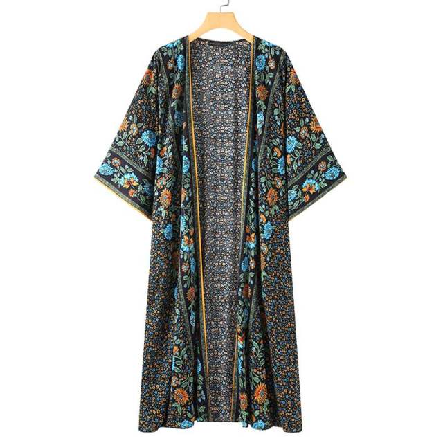 Bohemian Floral Print Summer Beach Cardigan Open Front Long Sleeve Long Kimono