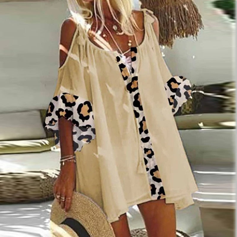 Sexy Hollow Out Short Sleeve Dress Summer Elegant Casual Leopard Patchwork A-Line Dress Casual Loose Dress