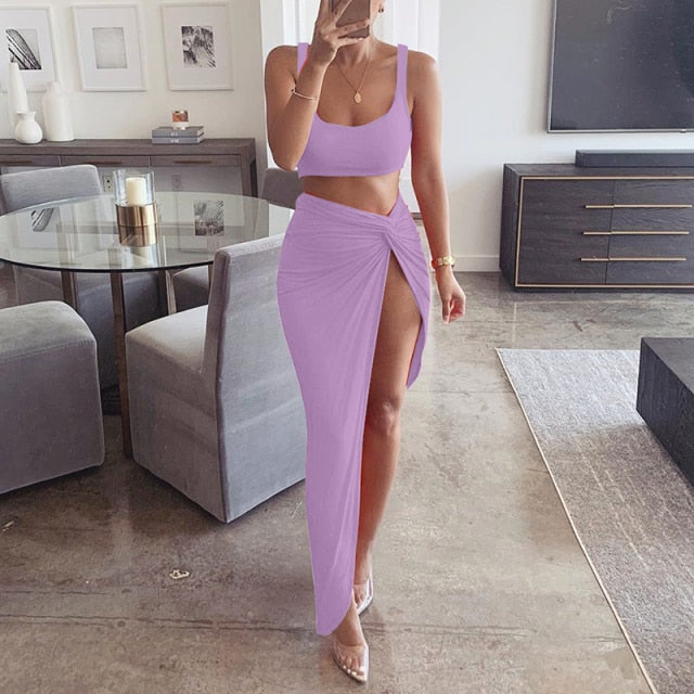 Sexy Crop Top Twist Side Split Long Skirts Matching Set Two Piece Outfit