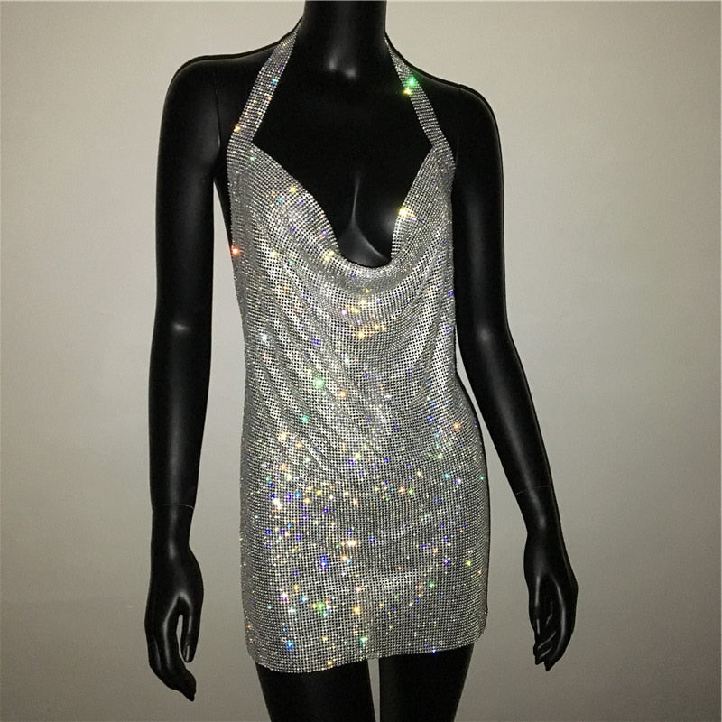 Sexy Deep V Neck Crystal Luxury Rhinestone Halter Dance Party Diamond Backless Split Mini Dresses