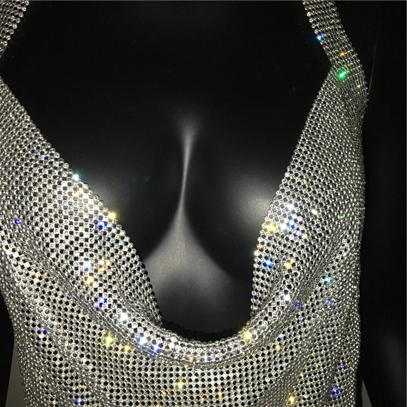 Sexy Deep V Neck Crystal Luxury Rhinestone Halter Dance Party Diamond Backless Split Mini Dresses