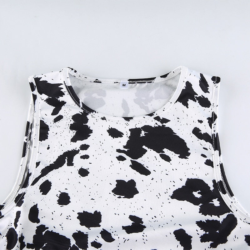 Sleeveless Cow Print Short Dress O Neck Wrap Lace up Speckle Slim Summer Dresses