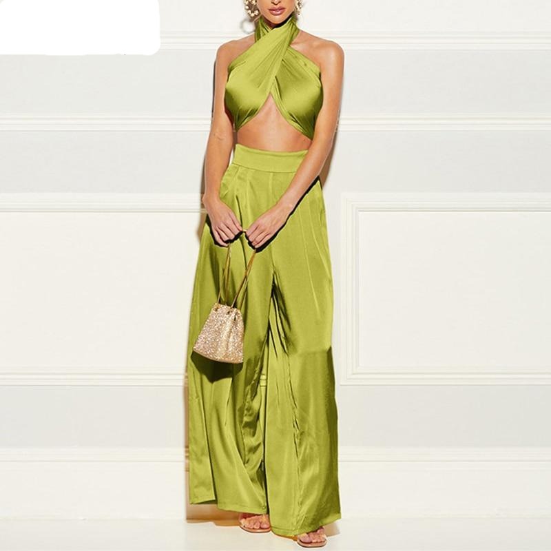 Summer Sexy Satin Jumpsuit Halter Backless Hollow Out Lace Up Wide Leg Beach Party Green Overalls