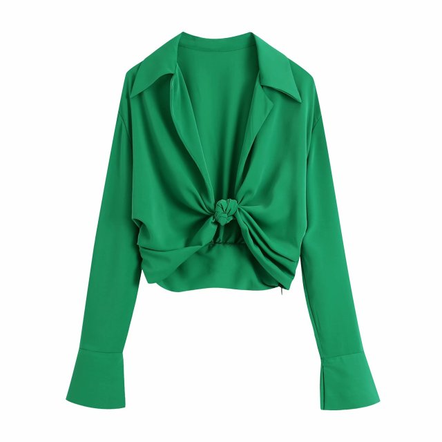 Turn Down Collar Knotted Green Color Short Blouse Long Sleeve Slim Shirt Chic Crop Tops