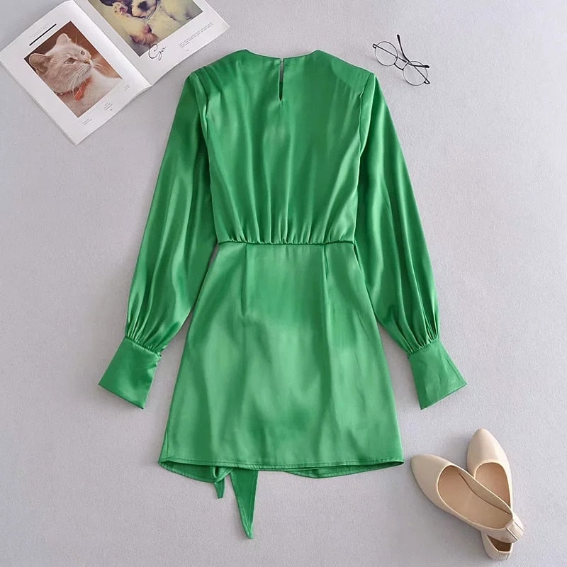 Green Satin Elegant Long Sleeve Mini Summer Dress Knot Wrap Evening Short Dresses