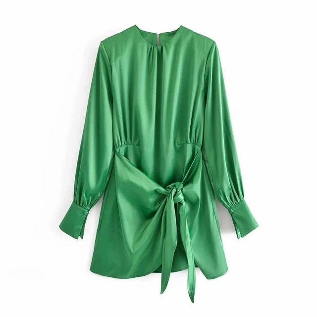 Green Satin Elegant Long Sleeve Mini Summer Dress Knot Wrap Evening Short Dresses