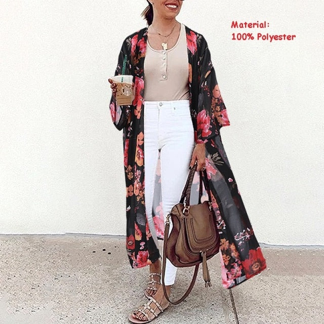 Bohemian Floral Print Summer Beach Cardigan Open Front Long Sleeve Long Kimono