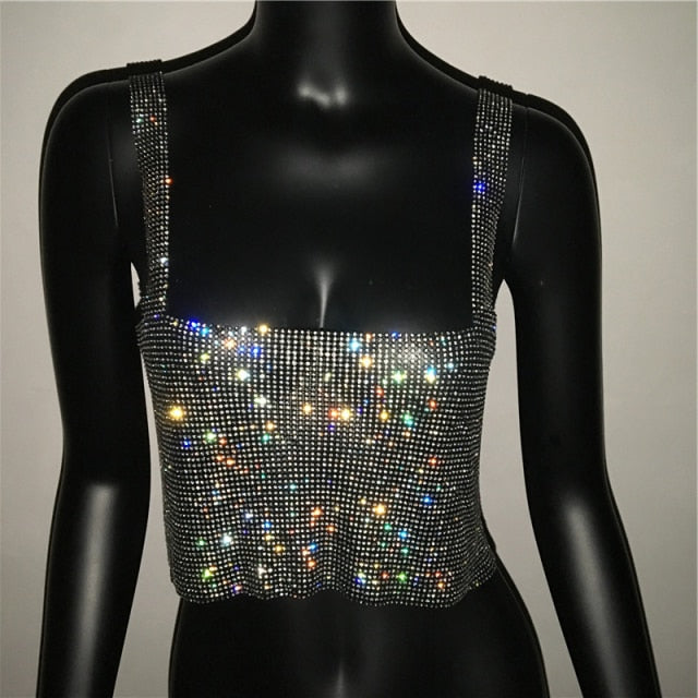 Bling Rhinestones Party Fashion Solid Backless Straps Full Diamonds Sequins Cami Cropped Top for Women