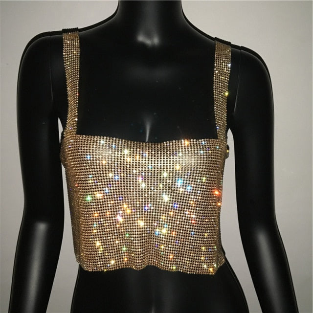 Bling Rhinestones Party Crop Top 2021 Fashion Solid Backless Straps Full Diamonds Sequins Cami Cropped Top for Women