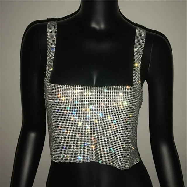 Bling Rhinestones Party Fashion Solid Backless Straps Full Diamonds Sequins Cami Cropped Top for Women