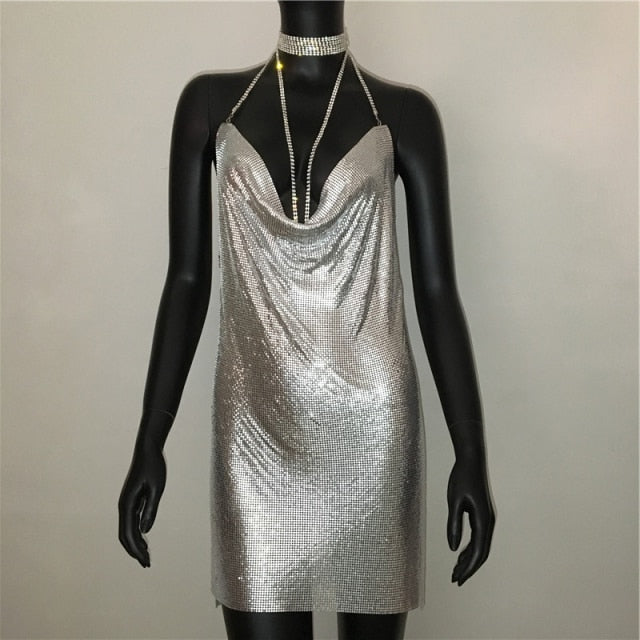 Sexy Deep V Neck Halter Split Sequined Backless Rhinestone Chain Party Metal Dress