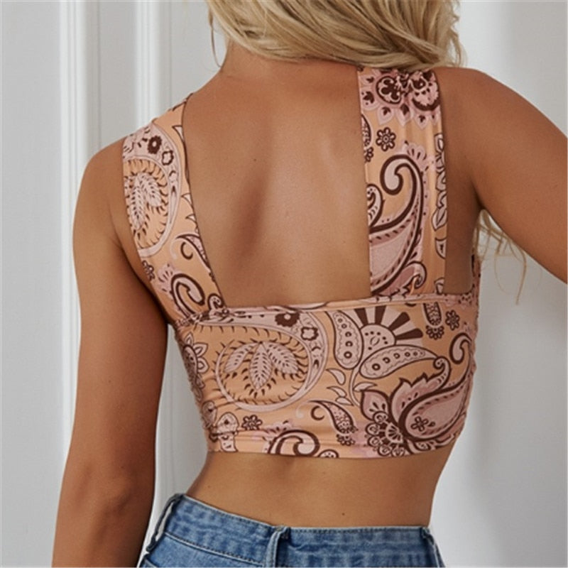 Sexy Summer Crop Tops Tropical Rainforest Style Sexy Exotic Flower Print Criss Cross Cut Out Halter Backless Tank