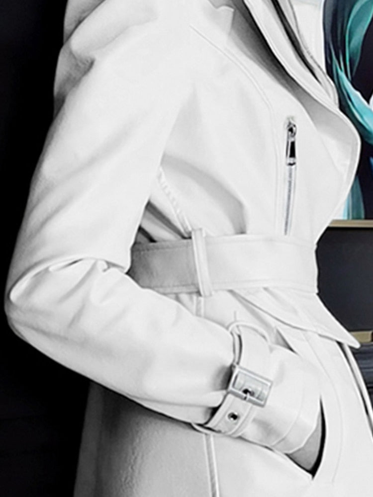 Spring Runway White Long Leather Trench Long Sleeve Elegant Luxury fashion Coats