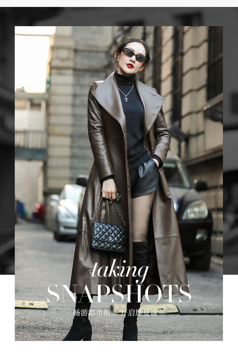Long Brown Black Soft Faux Leather Trench Coat Belt Long Sleeve Skirted Elegant Luxury Fashion