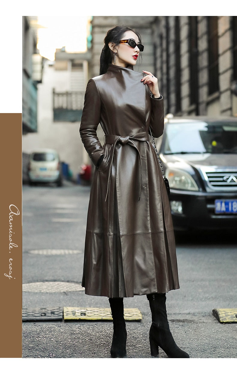 Long Brown Black Soft Faux Leather Trench Coat Belt Long Sleeve Skirted Elegant Luxury Fashion